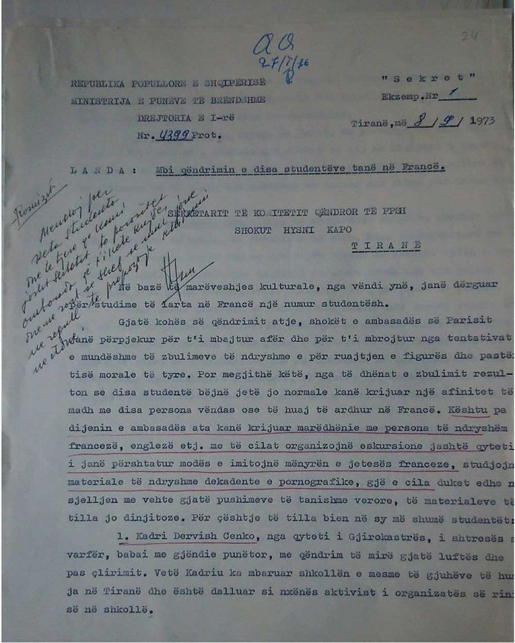 Zbulohet dokumenti sekret i Feçor Shehut për Hysni Kapon në vitin 1973 lidhur me tre studentët shqiptarë që studjonin në Francë të cilët kishi krijuar lidhje intime me disa vajza të huaja dhe porositë e sekretarit të Komitetit Qëndror për Drejtorin e Sigurimit të Shtetit se si do veprohej me ata studentë