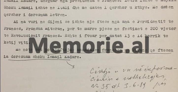 “Zoti Kadare, jam i lumtur t’ju kem pranë në festimet e 200-vjetorit të Francës” / Letra e ’89-ës e Presidentit Mitterand, që kishte ftuar 35 kryetar shtetesh dhe “harruar” Ramiz Alinë