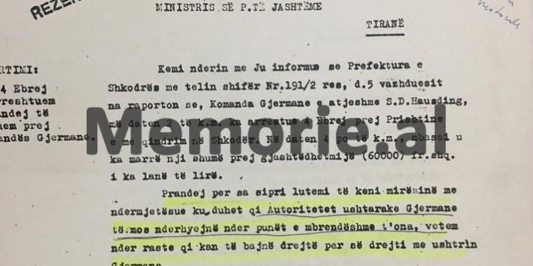 Kur Qazim Mulleti dhe “kolaboracionistët” e tjerë, mbronin hebrenjtë, duke u konfliktuar me gjeneralin gjerman, Hauzding, që iu mori 60.000 franga ari…/Dokumentet e panjohura