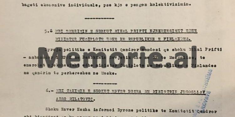 “Unë jam dakord me Spiro Kolekën që të ulim numrin e bagëtive të fshatarëve”/ Diskutimi i Enverit në Byro në ’56-ën që u kundërshtua vetëm nga Liri Belishova dhe bashkëshorti i saj…
