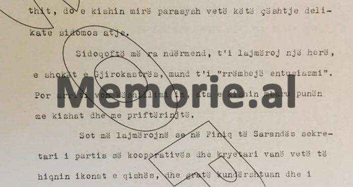 “Në Finiq, sekretari partisë dhe kryetari kooperativës, vanë të hiqnin ikonat e kishës, por u mblodhën 40 gra dhe i rrahën e i…”/ Fjala e Enverit në Byro