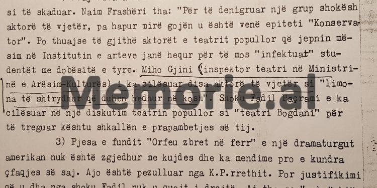 Letra dërguar Enverit për Teatrin: “Piro Mani tha: ne s’duhet të jemi robër të kultit të Brehtit dhe Stanisllavskit, por të….”/ Raporti edhe për Frashërin, Pitarkën, Lucën, Qerimin, etj.