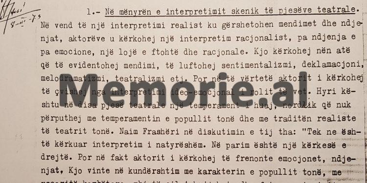Letra dërguar Enverit për Teatrin: “Piro Mani tha: ne s’duhet të jemi robër të kultit të Brehtit dhe Stanisllavskit, por të….”/ Raporti edhe për Frashërin, Pitarkën, Lucën, Qerimin, etj.