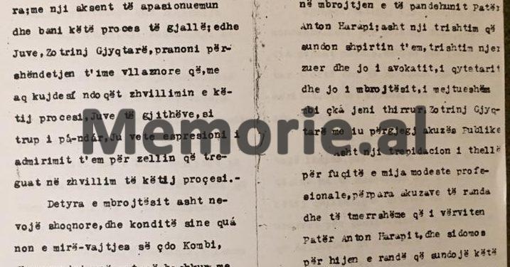 “Zotrinj Gjyqtarë, me faljen e jetës Patër Antonit, do t’i tregoni botës se, në këtë Shqipni të përvuejtun, nuk ka hakmarrje, por vetëm: Drejtësi Njerzore”./ Mbrojtja e avokat Stringës në ’46-ën