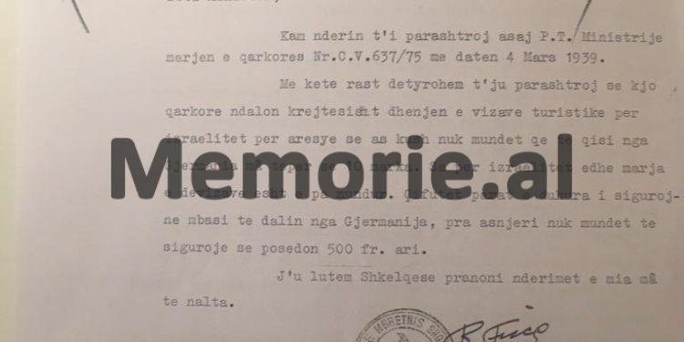 Zbulohet vendimi i qeverisë së Zogut në ’39-ën për dhënien e vizave izraelitëve dhe letra e konsullit Rauf Fico: “Kurrnji çifut s’asht kthye në Gjermani, se do internohej në Dachau e Buchenwald”