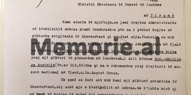 “Lutemi me u interesue me marrë nji kopje me bojna të pikturës së Skënderbeut qi gjendet në Kështjellin e Ambras n’Insbruck dhe…”/ Letra e panjohur e ministrit Musa Juka