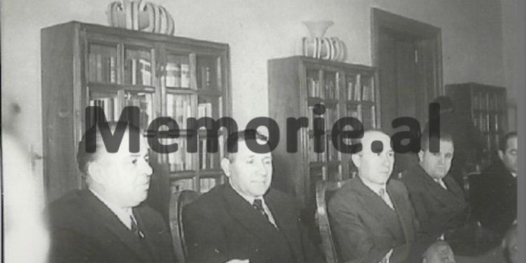 E Hoxha M Shehu K Theodhosi K Ngjela gjate nje mbledhjeje ne Tirane. 1961