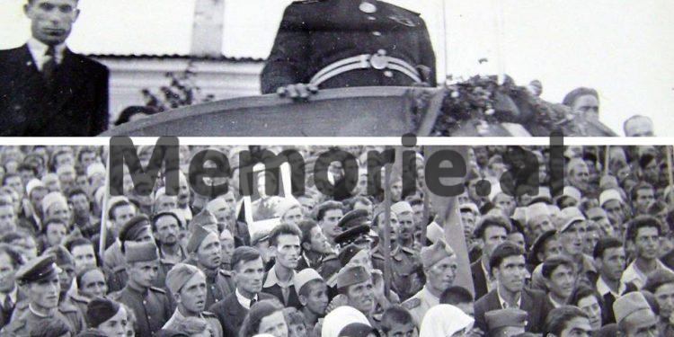 Enver Hoxha dhe Pandi Kristo gjate nje miting ne Shqiperine e Mesme. 1947