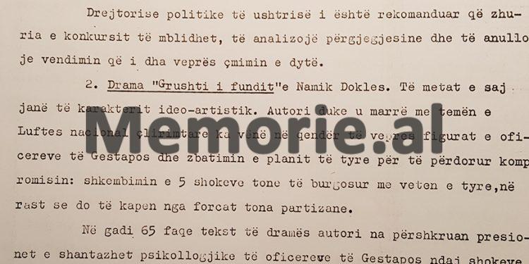 Letra për Ramiz Alinë: “E parandaluam vënien në Teatrin ‘Migjeni’, dramën e Namik Dokles, pasi në 65 faqet e tekstit të saj, autori…”/ Informacioni i zv/ministrit të Kulturës, në ’73-in