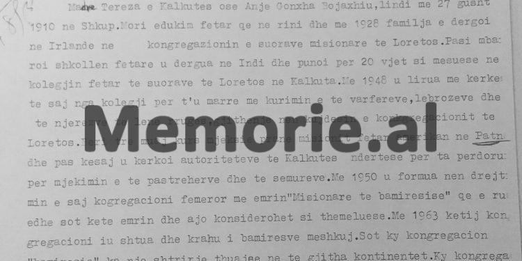 “Ardhja e saj, nuk do kalojë pa bujë dhe do bien poshtë edhe pretendimet e shpifjet, se në vendin tonë, besimtarët e klerikët, persekutohen e vriten…”/ Dosja sekrete për Nënë Terezën
