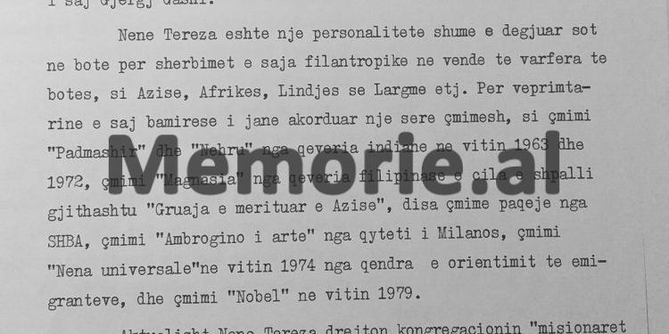 “Ardhja e saj, nuk do kalojë pa bujë dhe do bien poshtë edhe pretendimet e shpifjet, se në vendin tonë, besimtarët e klerikët, persekutohen e vriten…”/ Dosja sekrete për Nënë Terezën