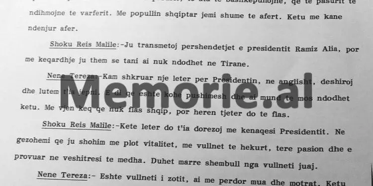 Nënë Tereza: “Përse Shqipëria nuk merr ndihma nga jashtë…?! Të marrësh kredi dhe ndihma nga jashtë si Jugosllavia, do të thotë…”/ Biseda me ministrin e Jashtëm, Reiz Malile, Tiranë, 16 gusht ‘89