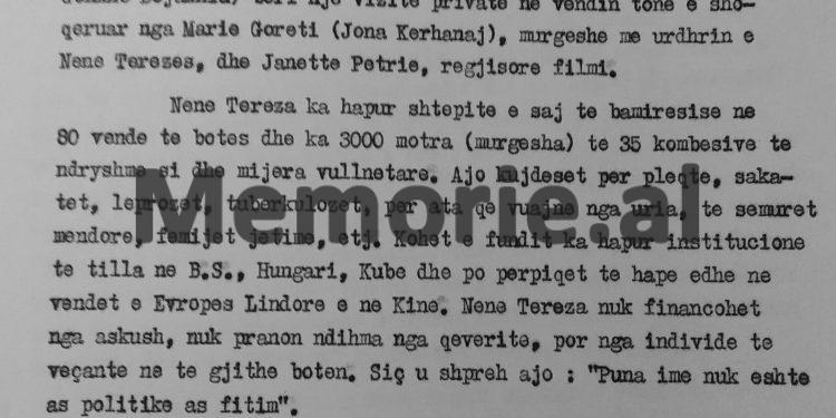 “Nënë Tereza fillimisht s’pranoi të takohej me shoqen Nexhmije Hoxha dhe qilimin e vogël që i’a dhamë, tha se do i’a dhuronte Papës…”?!/ Relacioni i shoqëruesit, gusht 1989