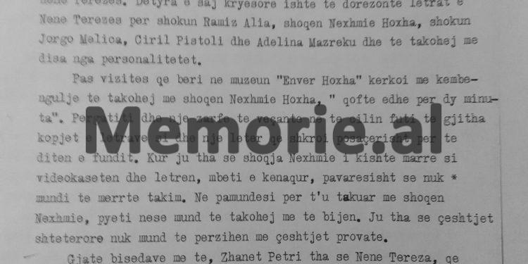 Secret file: “After visiting the ‘Enver Hoxha’ Museum, Mother Teresa asked to meet with her friend Nexhmije and prepared a special envelope, where…” / Report on the famous charity in ’89