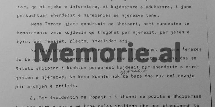 Secret file: “After visiting the ‘Enver Hoxha’ Museum, Mother Teresa asked to meet with her friend Nexhmije and prepared a special envelope, where…” / Report on the famous charity in ’89