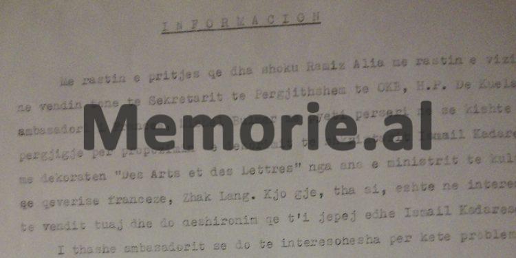 Relacioni i ministrit të Jashtëm Reiz Malile: “Qeveria franceze kërkon t’i akordojë Kadaresë medaljen “Des Arts et des Lettres, prandaj…”/ Korespondenca me ambasadën shqiptare në Paris në ’90-ën