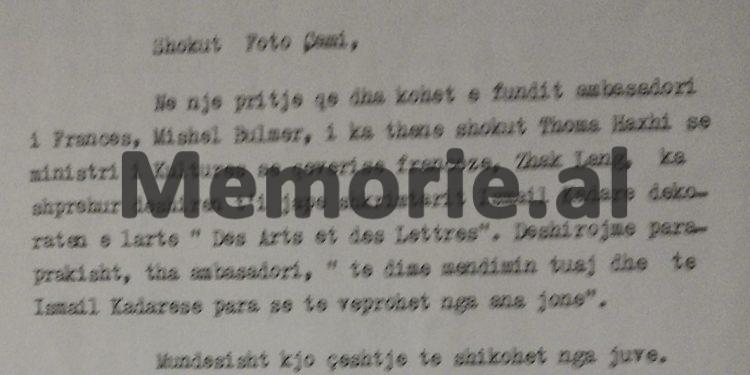 Relacioni i ministrit të Jashtëm Reiz Malile: “Qeveria franceze kërkon t’i akordojë Kadaresë medaljen “Des Arts et des Lettres, prandaj…”/ Korespondenca me ambasadën shqiptare në Paris në ’90-ën