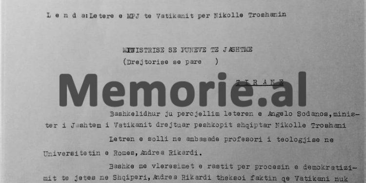 Relacioni i ambasadorit nga Roma: “Sekretari i Shtetit të Vatikanit, kërkon të vijë në Shqipëri për të takuar Nikolla Troshanin, që banon në…”/ Zbulohet korrespodenca sekrete e vitit 1990