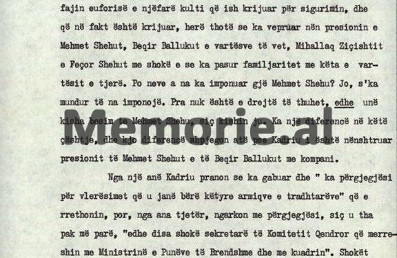 Autokritika e Kadri Hazbiut: “Duke qenë një spiun dhe konspirator i rrezikshëm, Mehmet Shehut i’u dha mundësia të krijonte në ministrinë e Brendshme, një…”/ Plenum i V-të, tetor ‘82