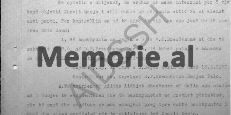 Secret document: “In Shijak we have the anti-party element, Ernest Jakova, through ‘Drini’, to see if Xhaviti…” / Interceptions from the Internal Affairs Branch of Durrës, January ’87
