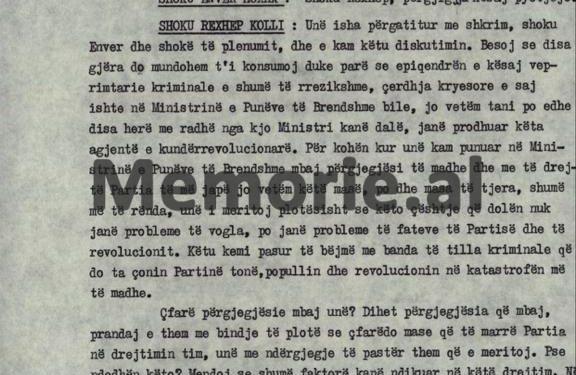 “Në vitin 1967 kur isha Drejtor i Sigurimit, më thirri Kadriu dhe më tha se; Feçor Shehu…”/ Diskutimi i Rexhep Kollit në Plenumin e 5-të, tetor 82