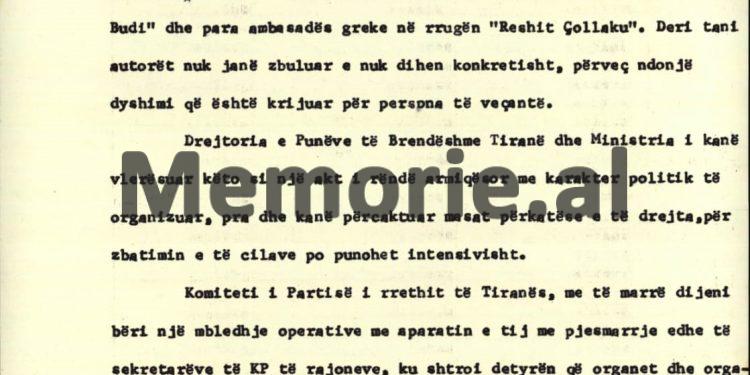 “Çarja e gomave të automjeteve të ambasadës bullgare, greke, çeke, polake e daneze, është akt politik dhe…”/ Raporti për Komitetin Qendror, tetor ‘80
