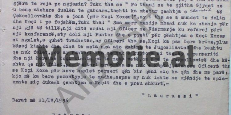 Secret file: “Collaborator ‘Lauruesi ’asked Tuk; are there any signs for the rehabilitation of Koci Xoxa, he told that… ”/ Surveillance report by the Operational Worker, Thoma Pashko