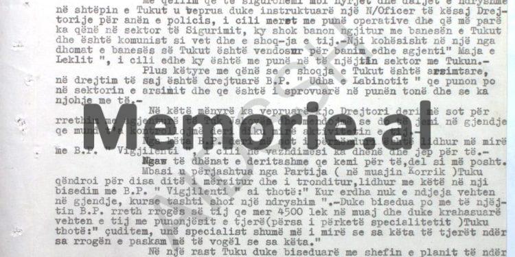 “Në një nga dhomat e banesës së Tuk Jakovës, kemi vendosur agjentin ‘Maja e Leklit’, i cili…”/ Relacioni i Drejtorit të Sigurimit, Nën/Kolonel, Zylfi Saliu, Berat, 1955