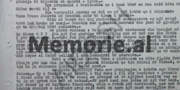 “Tuk Jakova është në dijeni se ndiqet nga organet tona, pasi në Qytetin ‘Stalin’, ai i tha bashkëpunëtorit ‘Nuredini’, se Sigurimi…”/ Raport-survejimi, Berat, 1955