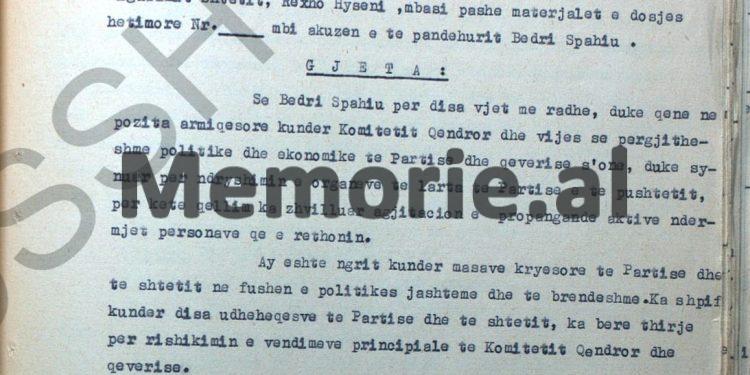 “Tuk Jakova kishte shtruar në plenum, se partinë tonë e ka organizuar Miladini dhe jo Enveri, pasi…”/ Deponimet e Bedri Spahiut, janar ‘58