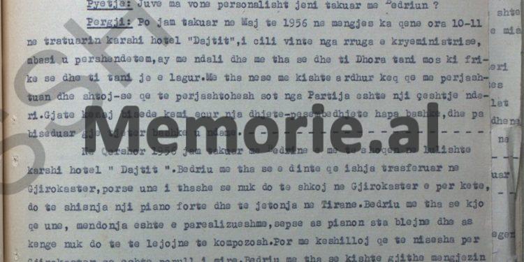 Dëshmia e Dhora Lekës: “Që nga takimi i parë që kam bërë me Bedri Spahiun, ja kam dhënë këto informata Cvetozar …”/ Proçesi hetimor, janar ‘58