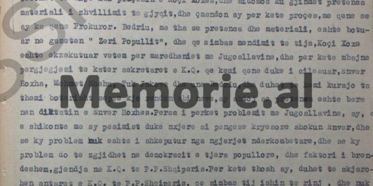 “Bedri Spahiu  më tha se; në plenumin e Beratit, Enveri u bë si pulë e lagur dhe vetëm oportuniteti i Nako Spiros…”/ Deponimet e Dhora Lekës, janar ‘58