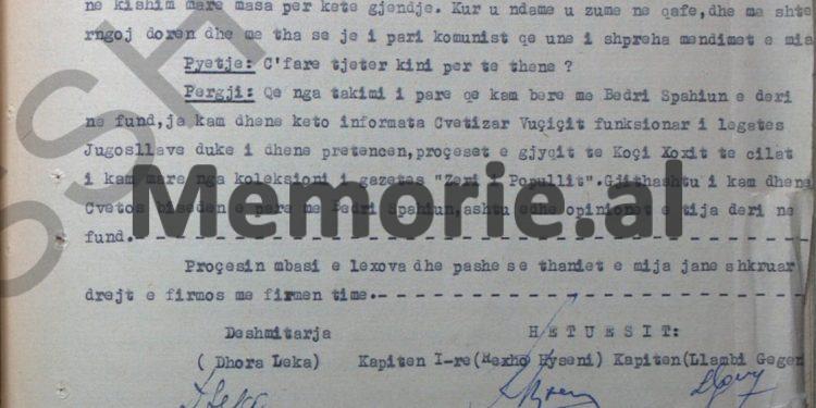 Dëshmia e Dhora Lekës: “Që nga takimi i parë që kam bërë me Bedri Spahiun, ja kam dhënë këto informata Cvetozar …”/ Proçesi hetimor, janar ‘58