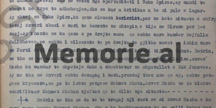 “Bedri Spahiu  më tha se; në plenumin e Beratit, Enveri u bë si pulë e lagur dhe vetëm oportuniteti i Nako Spiros…”/ Deponimet e Dhora Lekës, janar ‘58