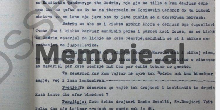 “Pas bisedave me Bedrinë, Xhafer Vokshi më tregoi se kur kishte takuar Miladinin, ai i kishte thënë për Enverin…”/ Deponimet e Tuk Jakovës, janar ‘58