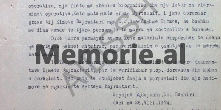 “Të pyetet Punëtori Operativ, Vehip Proda, se kush ja ka dhënë dokumentet sekrete gruas së Myrteza Bajraktarit, pasi…”! / Analiza e Drejtorisë së Sigurimit të Tiranës, në ’74-ën
