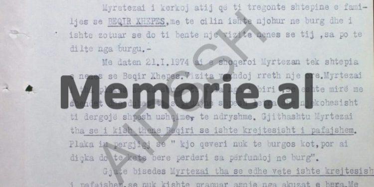 “Të aktivizohet bashkëpunëtori ‘Patrioti”, për survejimin e motrës së Myrteza Bajraktarit, e cila ka ardhur si vizitore në Shqipëri, me qëllim…”/ Raporti sekret i Shefit të Kundërzbulimit, në ’74-ën