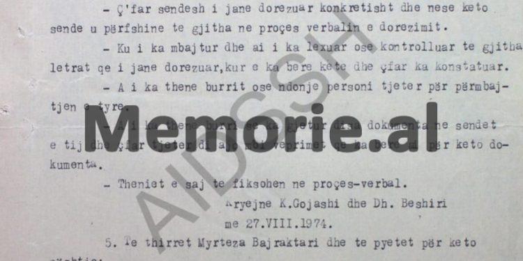 “Të pyetet Punëtori Operativ, Vehip Proda, se kush ja ka dhënë dokumentet sekrete gruas së Myrteza Bajraktarit, pasi…”! / Analiza e Drejtorisë së Sigurimit të Tiranës, në ’74-ën