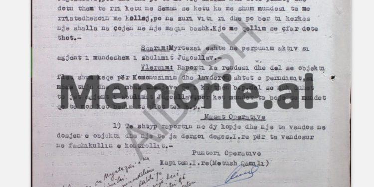 “Myrtezai tha se: po më riatdhesuan në Jugosllavi, do kërkoj të shkoj në Gjermaninë Perëndimore dhe atje do shkruaj një libër kundër…”!/ Raporti i “Besniku”-t  nga Kampi  i Semanit