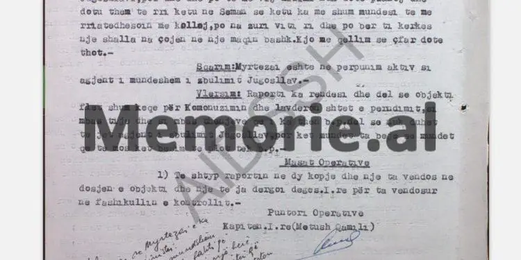 “Myrtezai tha se: po më riatdhesuan në Jugosllavi, do kërkoj të shkoj në Gjermaninë Perëndimore dhe atje do shkruaj një libër kundër…”!/ Raporti i “Besniku”-t  nga Kampi  i Semanit