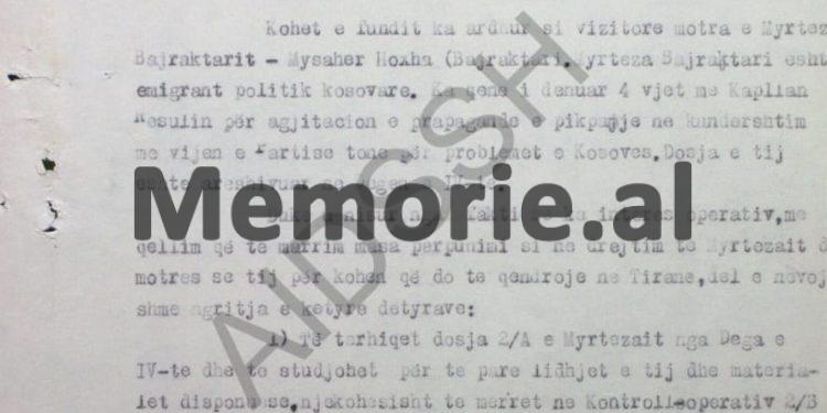 “Të aktivizohet bashkëpunëtori ‘Patrioti”, për survejimin e motrës së Myrteza Bajraktarit, e cila ka ardhur si vizitore në Shqipëri, me qëllim…”/ Raporti sekret i Shefit të Kundërzbulimit, në ’74-ën