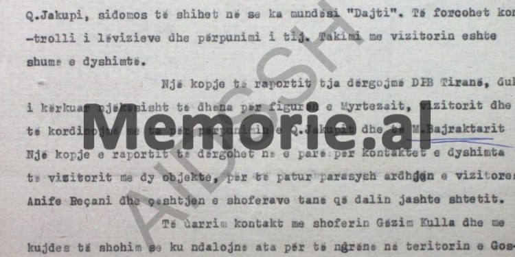 “Të shikohet mundësia me qendrën e tij të punës, që gjatë ditëve të Kongresit të 9-të, Myrteza Bajraktarin ta dërgojnë me…”/ Relacioni i zv/Drejtorit të Sigurimit të Tiranës, Dashamir Bimi, në ’86-ën
