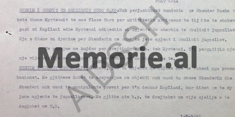 “Myrtezai dhe Skënder Backa, ish-oficeri i Ministrisë së Brendshme, që merrej me kosovarët, ndiqen si agjentë të UDB-së, pasi me Kapllan Resulin…”/ Raporti sekret i shefit të Sigurimit, Nuro Sako, në ’86-ën