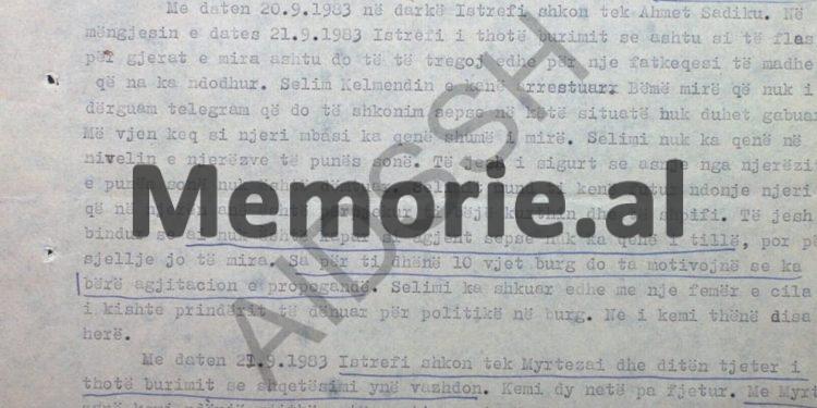 “Pas arrestimit të Selim Kelmendit, Myrtezai shkoi në Fushë-Krujë, takoi mësuesin me emrin Nysret, të cilin, Estref Kelmendi, tha se do e zhdukte fizikisht, pasi…”/ Raporti i ‘B. p’. “Furtuna”, në ’83-in