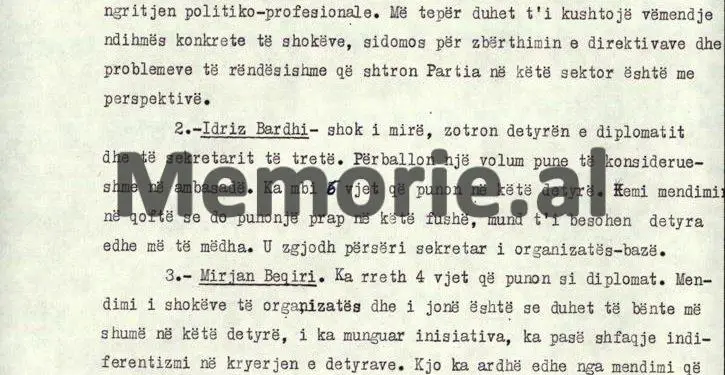 Relacioni sekret: “P. Çaushi, me perspektivë, V. Boriçi, kuadër i përgatitur, S. Plaka, burokrat, I. Bardhi, shok i mirë, V. Zarka, shofer, për bën për diplomat…”/ Karakteristikat e 50 diplomatëve, në ’79-ën