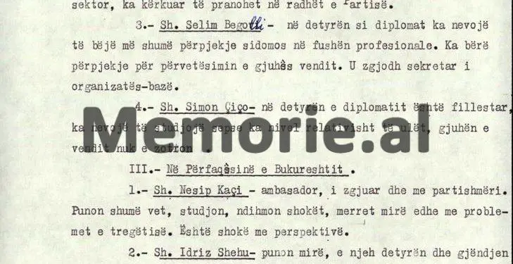 Relacioni sekret: “P. Çaushi, me perspektivë, V. Boriçi, kuadër i përgatitur, S. Plaka, burokrat, I. Bardhi, shok i mirë, V. Zarka, shofer, për bën për diplomat…”/ Karakteristikat e 50 diplomatëve, në ’79-ën