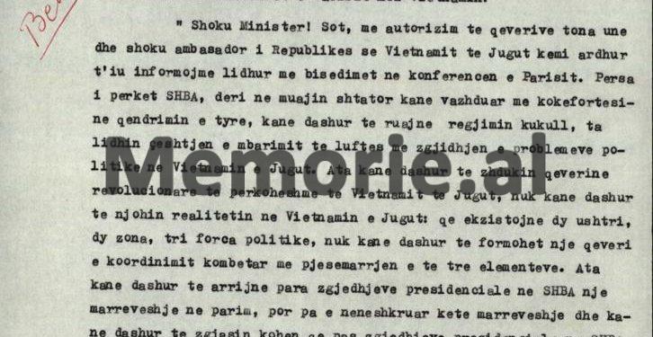 Relacioni sekret i zv/ministrit Ksenofon Nushi, dhjetor ‘72: “Ambasadori vietnamez në Tiranë, më njoftoi për bisedimet në Paris, por unë i thashë të kenë kujdes, pasi SHBA-ës, janë të pabesë dhe…”/