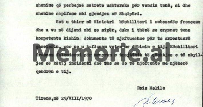 “Gazetarin francez Zhan Zhak Bovantr, të gazetës “Valeurs Actuelles”, e dëbuam si person të padëshirueshëm, pasi i gjetëm një bllok me…”/ Letra e Reiz Malile, gusht, 1970