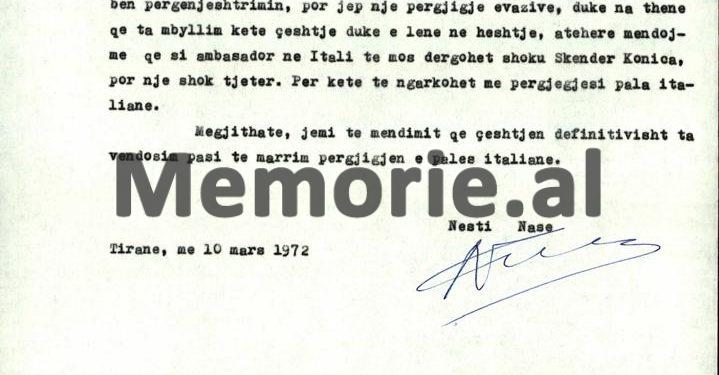 “Pala italiane, dekonspiroi emërimin e ambasadorit tonë në Romë, si ekspert i spiunazhit, që Turqia e ka përzënë si non grata dhe…”/ Letra e ministrit Nesti Nase, që alarmoi Komitetin Qendror, mars ‘72