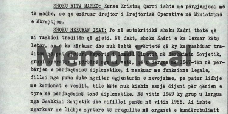 “Si nuk e di ti Kadri, ja letra e Hysniut, ku Mehmeti e informon për kuadrot tona në Bashkimin Sovjetik, bashkëpunëtor të  Sigurimit, si p.sh.,…” ?! / Debatet në mbledhjen e Byrosë, 8 tetor ‘82